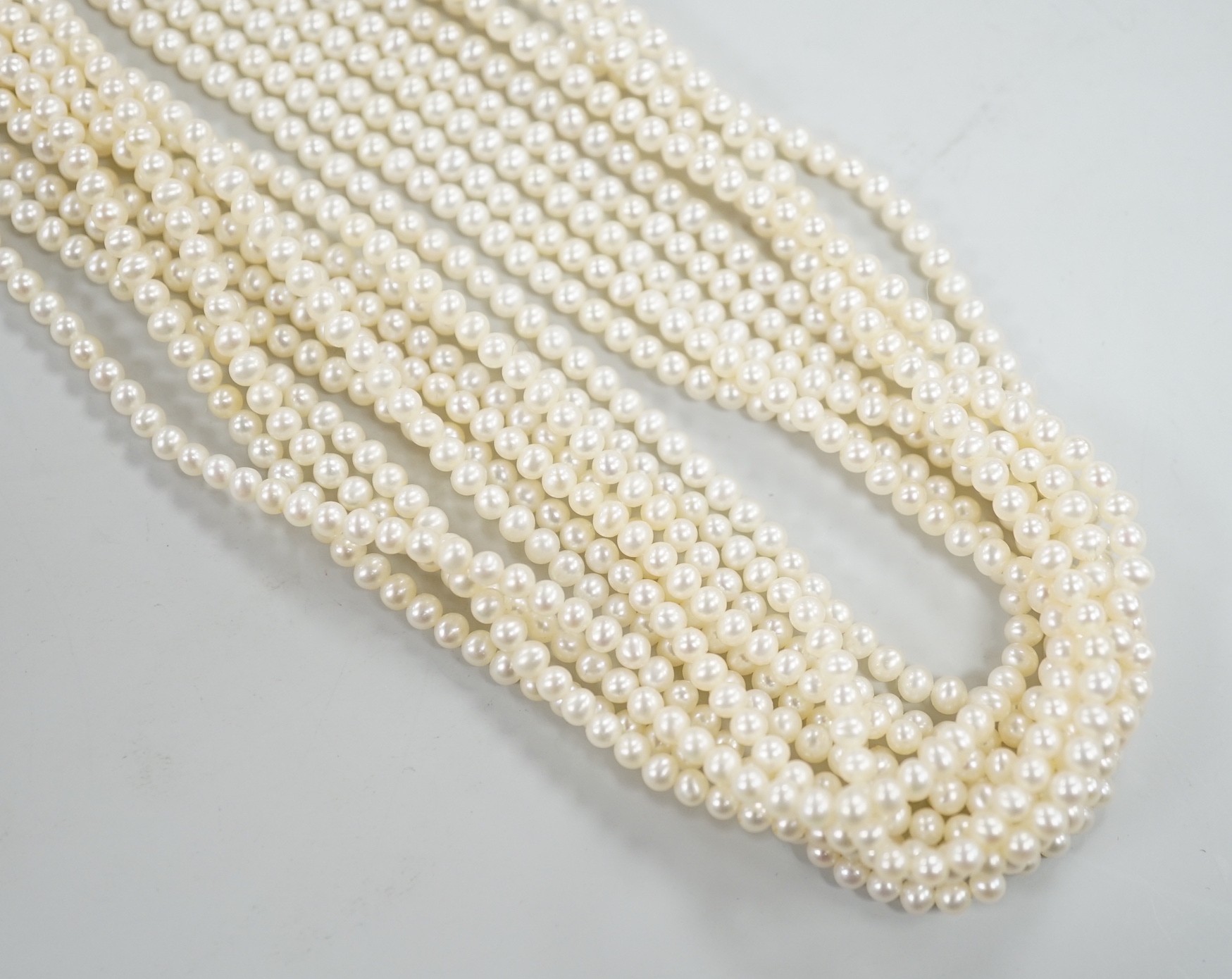 A modern multi strand cultured pearl necklace, with 925 clasp, 46cm.